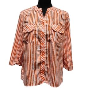 Notations Stripped Orange & White Button Up Top 97% Polyester 3% Spandex Sz S